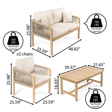 Tavira 4-Piece Modern Bohemian Acacia Wood Outdoor Patio Set with Cushions and Plain Decorative Pillows - JONATHAN Y
